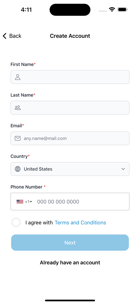 telebirr Remit - Create account screen for telebirr Remit mobile app registration for Ethiopian expats in the USA.