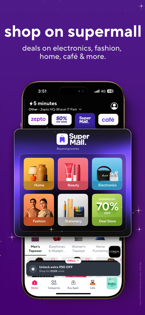 Écran de l'application Zepto montrant les catégories Supermall pour la beauté, l'électronique et la mode à domicile