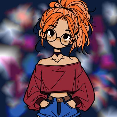 girl with a messy ponytail glasses a baggy crop top and jean shorts