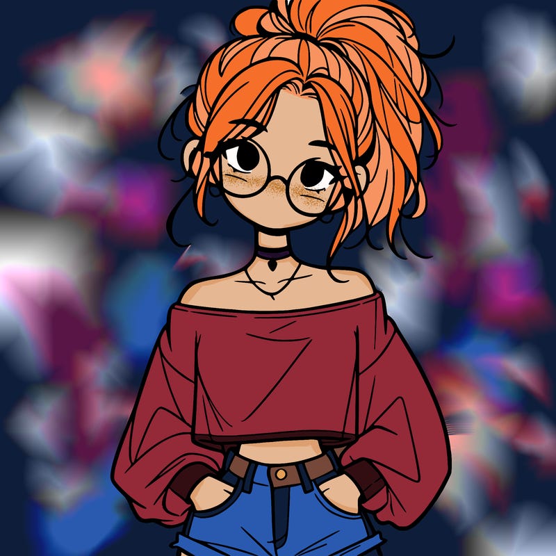 girl with a messy ponytail glasses a baggy crop top and jean shorts