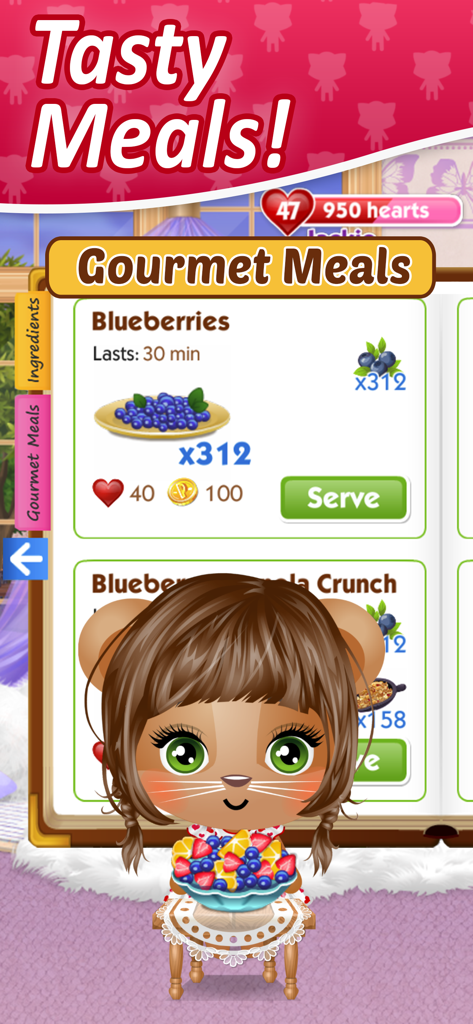 A cute virtual pet character in Pet City 2 holding a fruit bowl next to a gourmet meals menu showing blueberries.