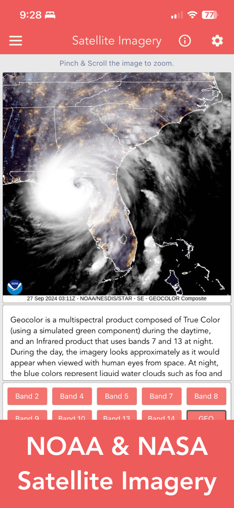 National Hurricane Center Data - Die App National Hurricane Center zeigt Satellitenbilder von NOAA und NASA eines Hurrikans über der Küste