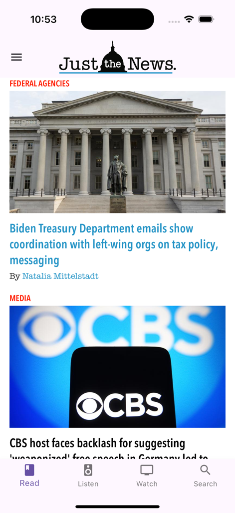 Just the News mobile app interface showing political news articles and headlines
