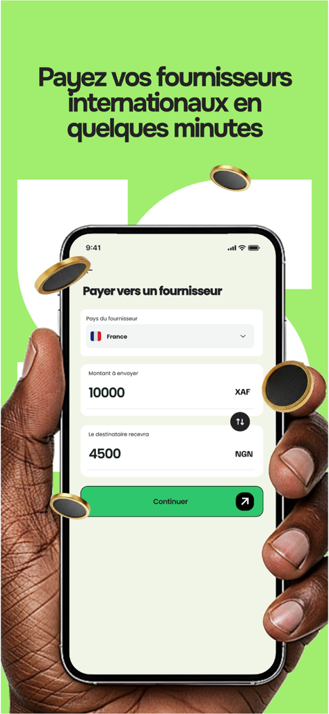 Sekure - A person holding a smartphone showing the Sekure app interface for sending international payments to suppliers