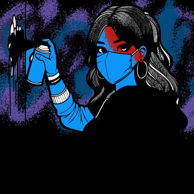 realistic girl with mask spray painting a wall