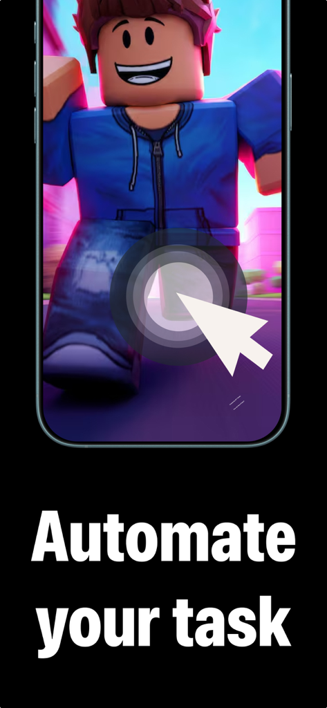 Smartphone mostrando um cursor de auto clicker em um personagem do Roblox com o texto Automatize sua tarefa.