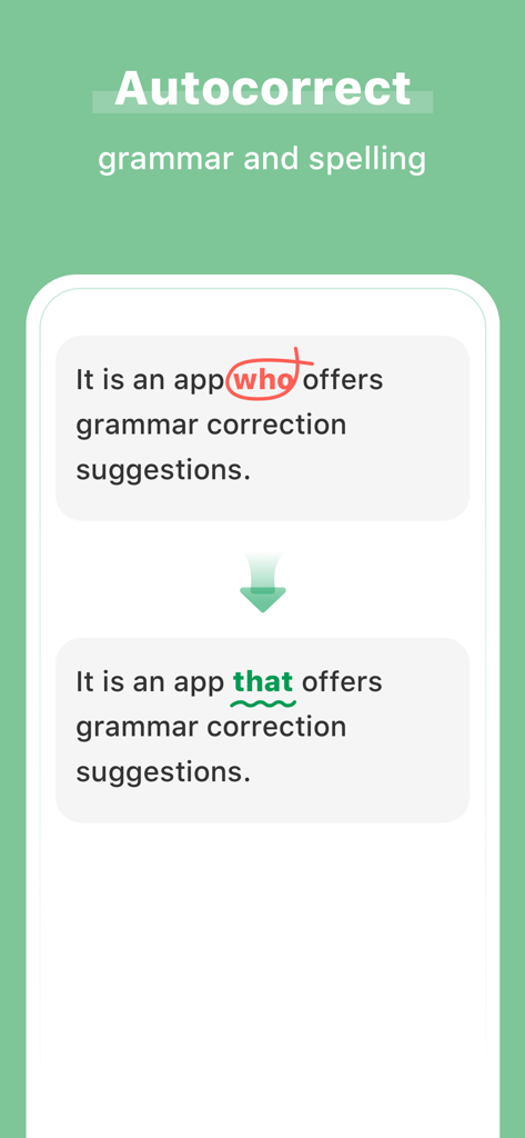 KI-Grammatikprüfer-App, die Autokorrektur für englische Grammatik- und Rechtschreibfehler demonstriert