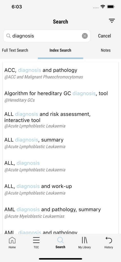 ESMO Interactive Guidelines - Search interface of ESMO Interactive Guidelines app showing clinical results for diagnosis and pathology