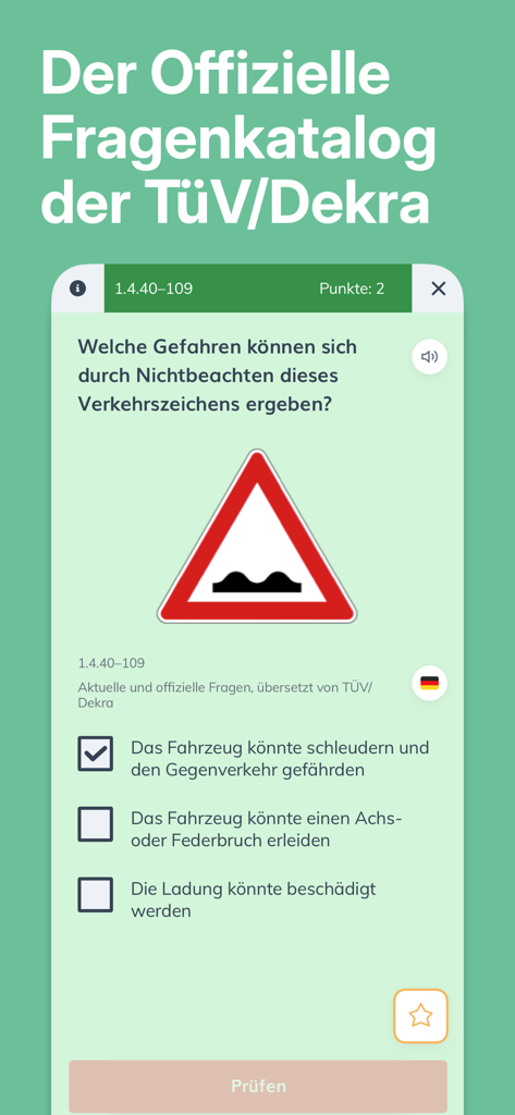 Führerschein ClickClickDrive - Una captura de pantalla de la aplicación ClickClickDrive que muestra una pregunta oficial de opción múltiple del examen teórico de conducir para la licencia alemana.