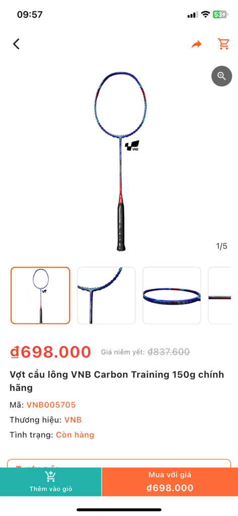 A product detail page for a VNB Carbon Training badminton racket in the ShopVNB mobile app showing the price and product images.