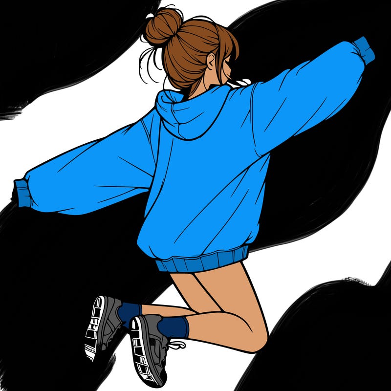 realistic girl jumping with a bun and oversized sweatshirt