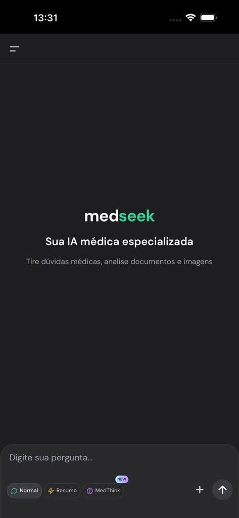 MedSeek by Liberty - MedSeek app home screen featuring a specialized medical AI assistant interface in Portuguese
