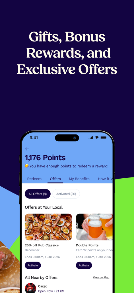 The Pass app screen showing loyalty points balance and exclusive food and drink offers at Australian pubs