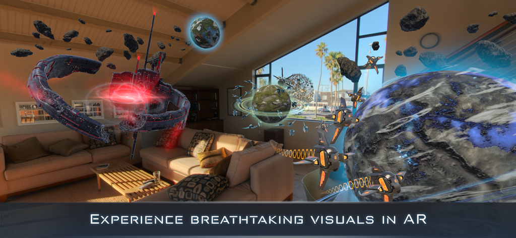 Batalla espacial en realidad aumentada con planetas y naves en una sala de estar