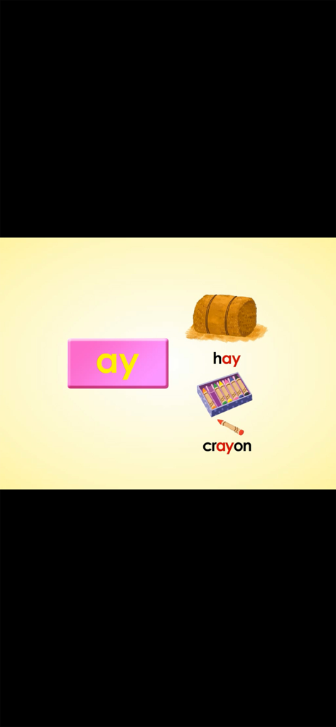 Phonics Monster 2nd - 手（hay）とクレヨン（crayon）のイラストを特徴とする、ayという文字のフォニックス練習画面