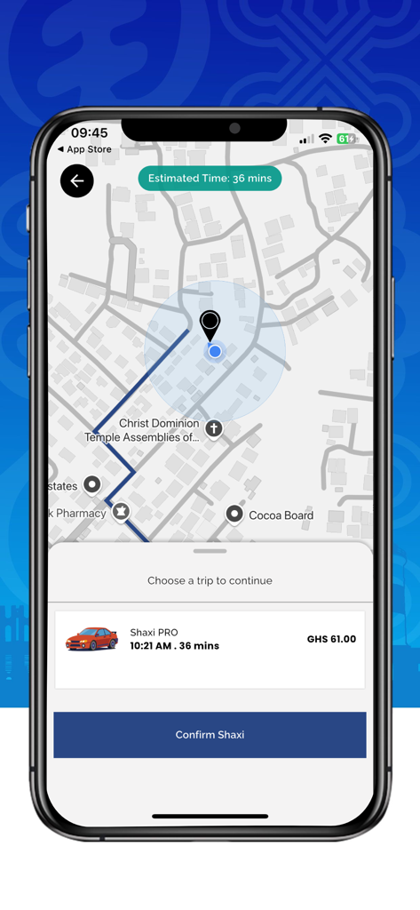 Shaxi - Shaxi app interface showing a map route and ride confirmation for a Shaxi PRO vehicle