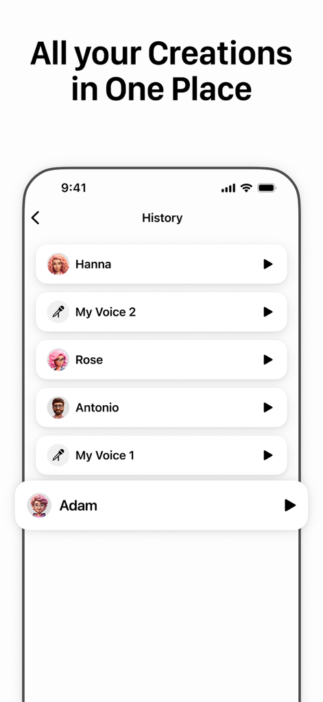 ElevenLabs-AI Voice Generator - History screen of the Auralyx app showing a list of saved AI voice creations with names like Hanna and Adam