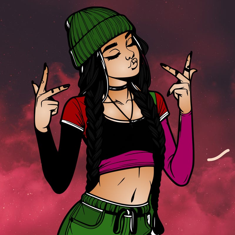 realistic teenage girl with braids and a beanie and crop top doing 🫶🏼