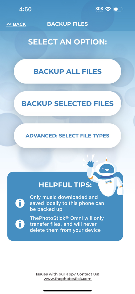Interface do aplicativo ThePhotoStick Omni mostrando opções de backup para todos os arquivos ou arquivos selecionados com dicas úteis