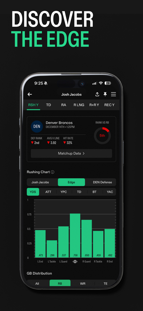 Props.Cash mobile app interface showing detailed NFL player stats and performance charts for sports betting analysis