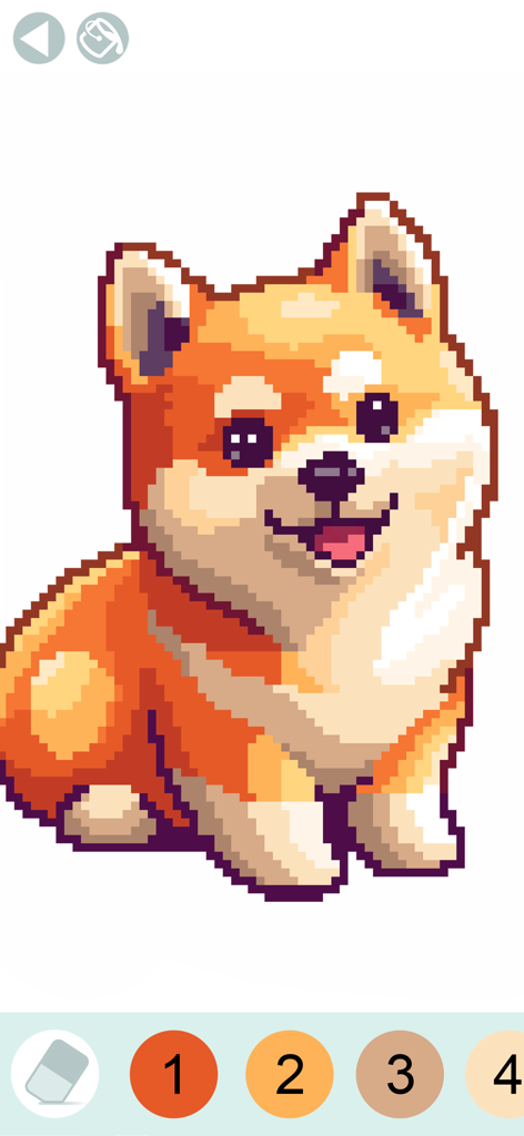 A pixel art shiba inu dog in a color by number app