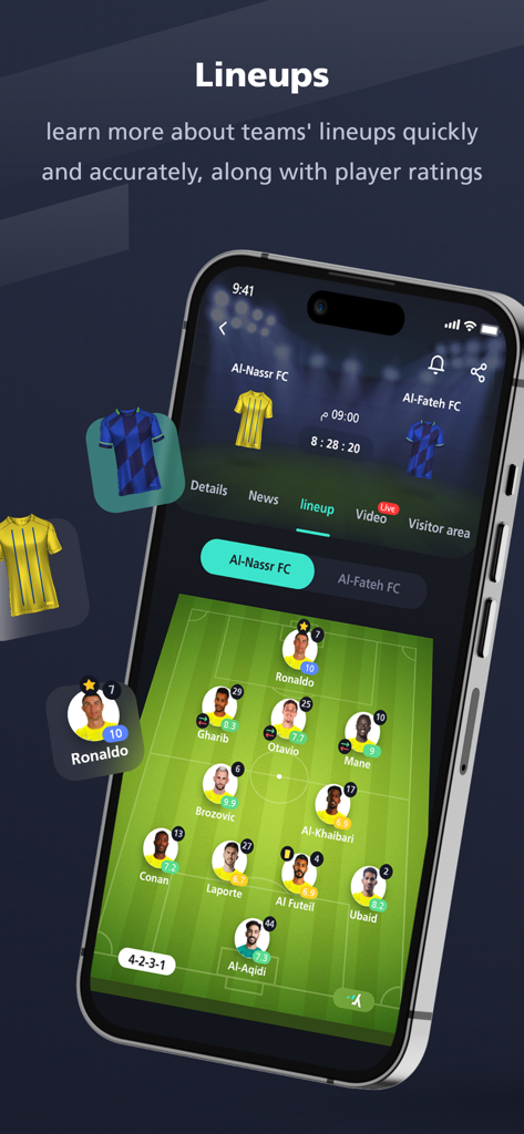 Mobile app screen showing a football team lineup with live player ratings on a soccer pitch