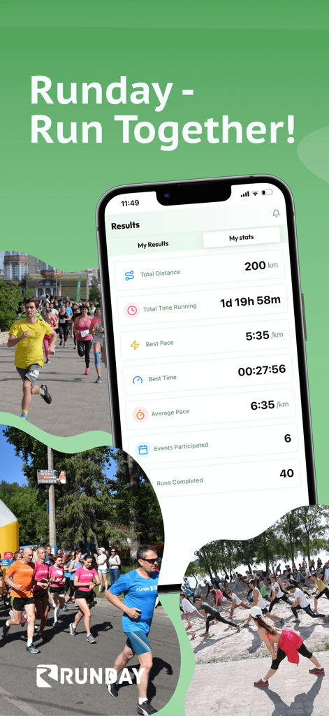 Pantalla de estadísticas de la aplicación Runday mostrando el progreso de la carrera y actividades comunitarias al aire libre