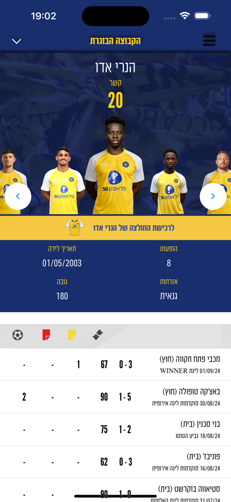 A player profile screen for Henry Addo in the Maccabi Tel Aviv FC official app featuring personal statistics and match history