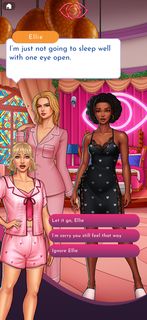 A dialogue scene in Big Brother The Game where players choose how to respond to a housemate named Ellie.