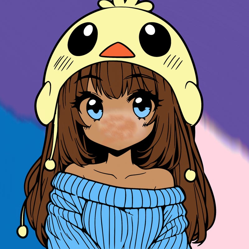 anime girl with chick shaped hat with sweater with bare shoulders with bangs covering them one eye with low tail
