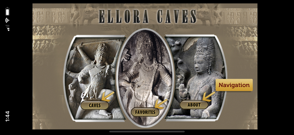 Main menu screen of the Ellora Caves travel guide app showing navigation options and ancient stone sculptures
