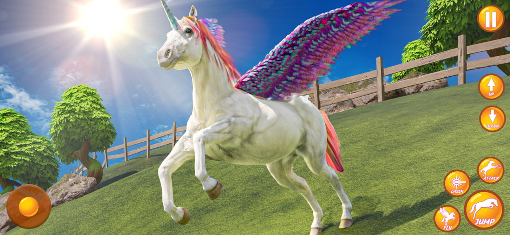 Magic Horse Unicorn Sim - Un unicornio blanco con alas coloridas y un cuerno parado en una colina verde en un mundo abierto mágico