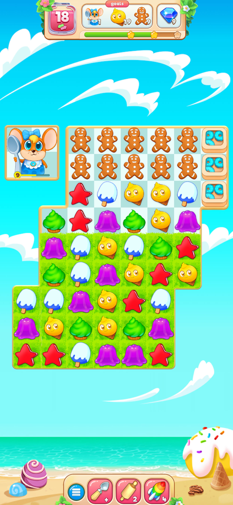 Candy Riddles: Match 3 Puzzle - A colorful match 3 puzzle game board with gingerbread men, ice cream, and cute candy characters in Candy Riddles.