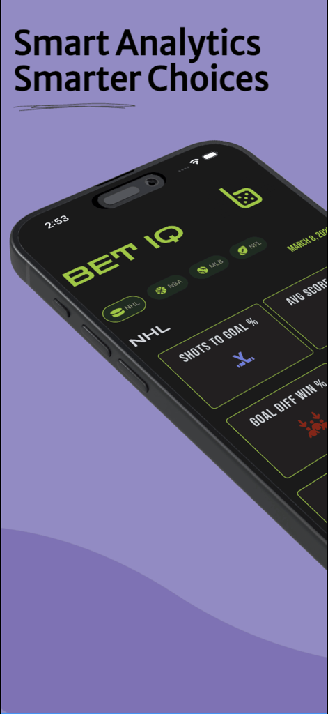 Bet IQ: Smarter Sports Betting - iPhone displaying Bet IQ sports betting analytics dashboard for NHL statistics