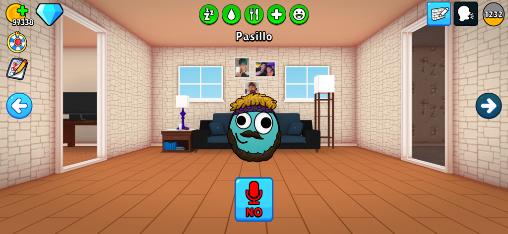 Benja Calero: DOU - Un personnage animal de compagnie virtuel bleu nommé DOU dans un couloir de maison dans l'application Benja Calero.