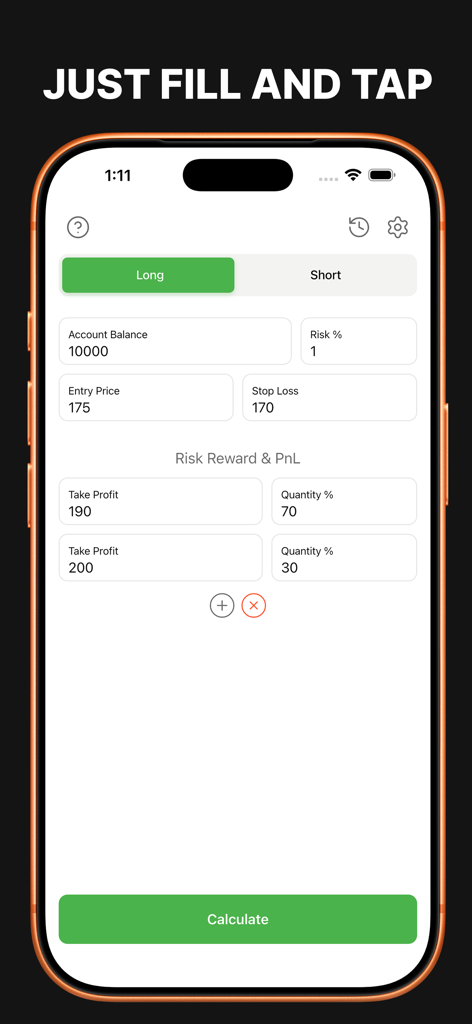 Interface of the Position Size Calculator Pro app showing input fields for account balance risk stop loss and take profit for a long trade