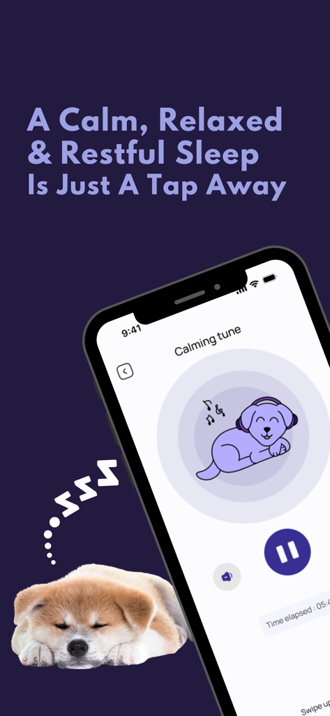 Relax My Dog : Calmly - Screenshot of the Relax My Dog app featuring a sleeping puppy and a calming music player interface.