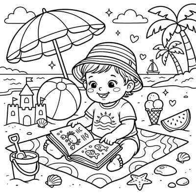 Dive into a delightful summer scene where a happy baby discovers the joys of learning on a sunny beach. This charming coloring page is packed with fun details like sandcastles, ice cream, and gentle ocean waves, perfect for igniting creativity.