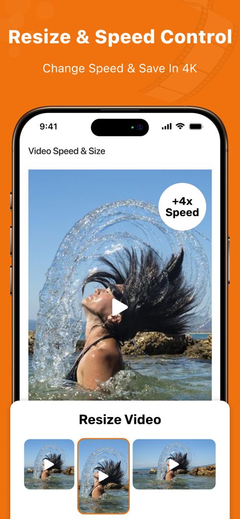 Interfaccia dell'app 4K Video Saver che mostra le funzioni di ridimensionamento e controllo della velocità video