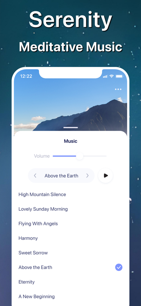 Soulway - Daily Bible Verse - Soulway app interface featuring a list of meditative music tracks for prayer and reflection with a peaceful mountain background.