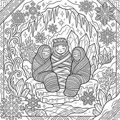 Explore a truly unique blend of history and fantasy with our Inca Mummies Winter Wonderland coloring page. This intricate design invites you to bring warmth and color to ancient figures amidst a frosty, crystal-filled grotto.