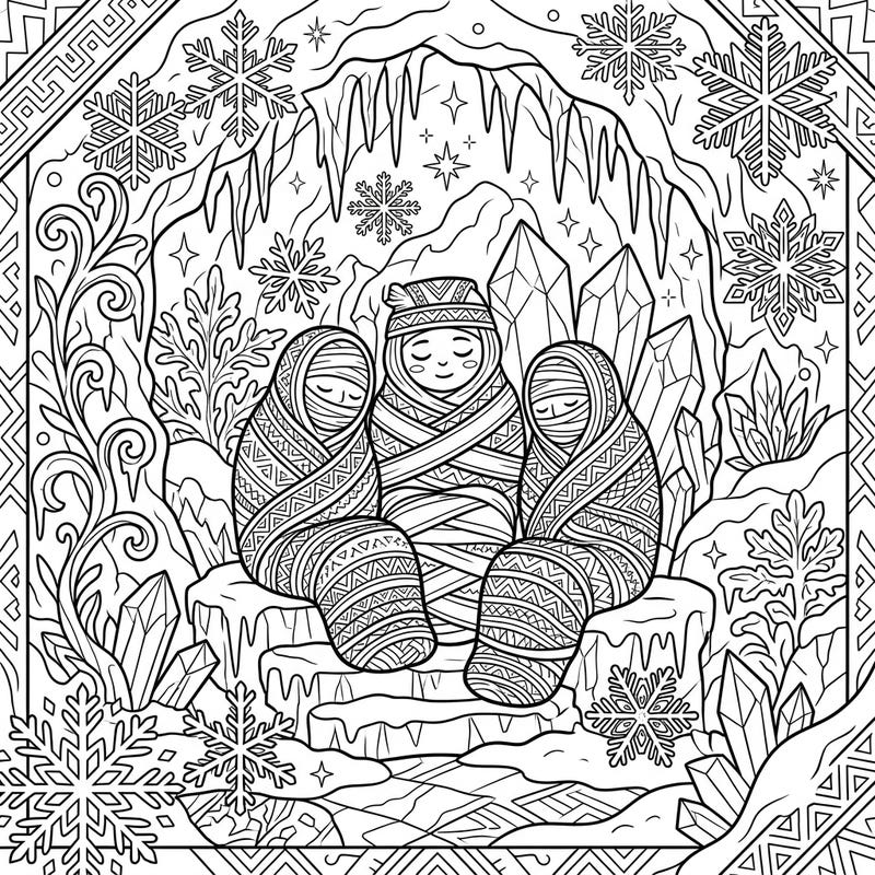 Explore a truly unique blend of history and fantasy with our Inca Mummies Winter Wonderland coloring page. This intricate design invites you to bring warmth and color to ancient figures amidst a frosty, crystal-filled grotto.
