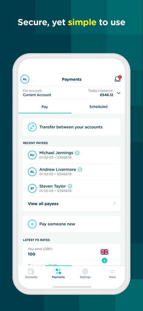 Interfaz de pagos de la aplicación móvil de Cynergy Bank que muestra los beneficiarios recientes y los tipos de cambio
