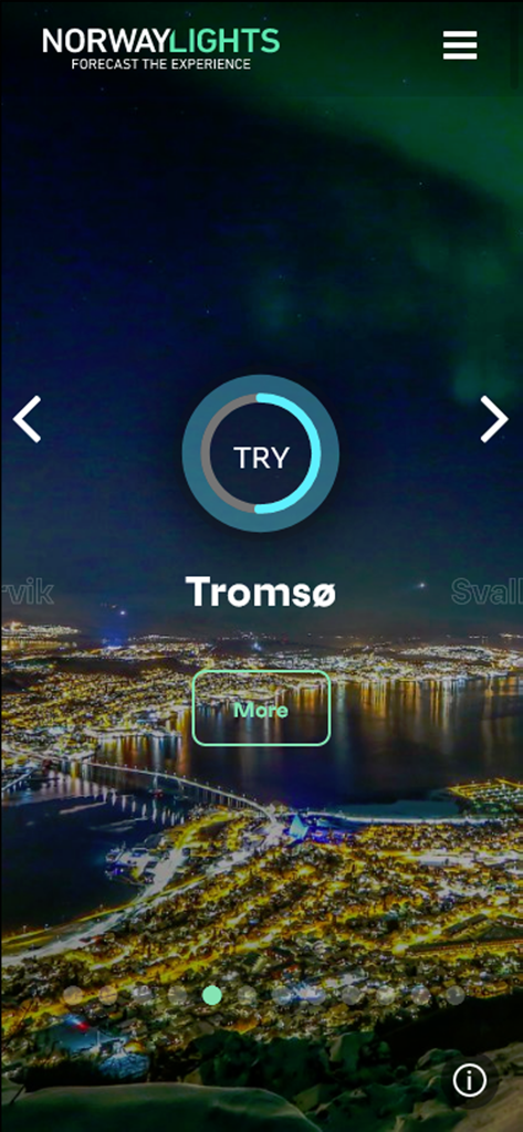 Norway Lights - Norway Lights app interface showing the northern lights forecast for the city of Tromso