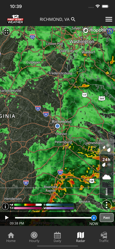 High resolution weather radar map of Richmond Virginia and surrounding areas on the WWBT First Alert Weather app.