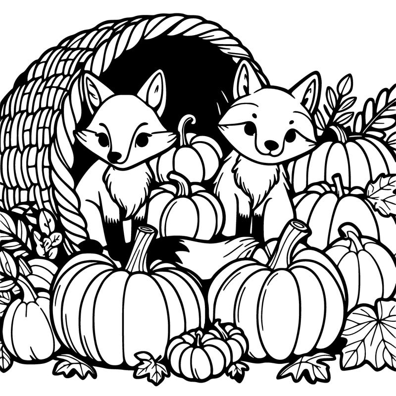 cornucopia full of foxes and pumpkins