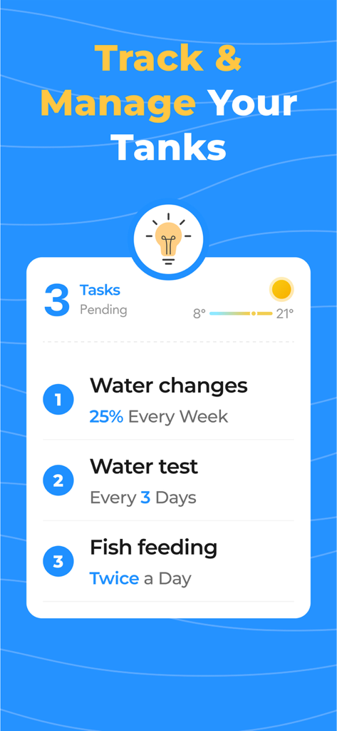 OkayFish - Pet Fish Care Guide - A screenshot of the OkayFish app showing a list of pending aquarium maintenance tasks including water changes and fish feeding reminders.