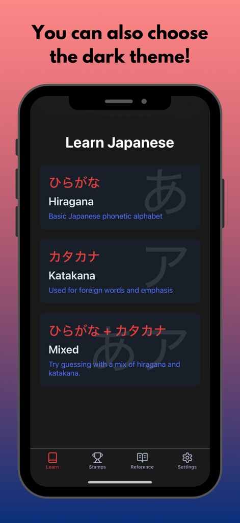 KanaDojo: Hiragana & Katakana - KanaDojo mobile app interface showing the Learn Japanese screen in dark mode with options for Hiragana and Katakana