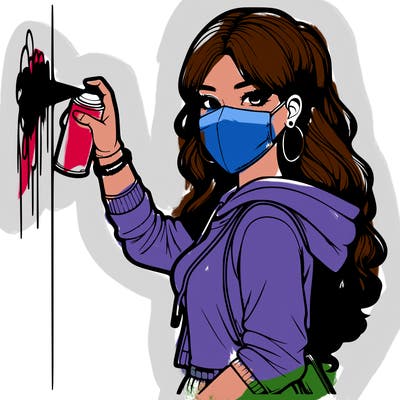 realistic girl with mask spray painting a wall