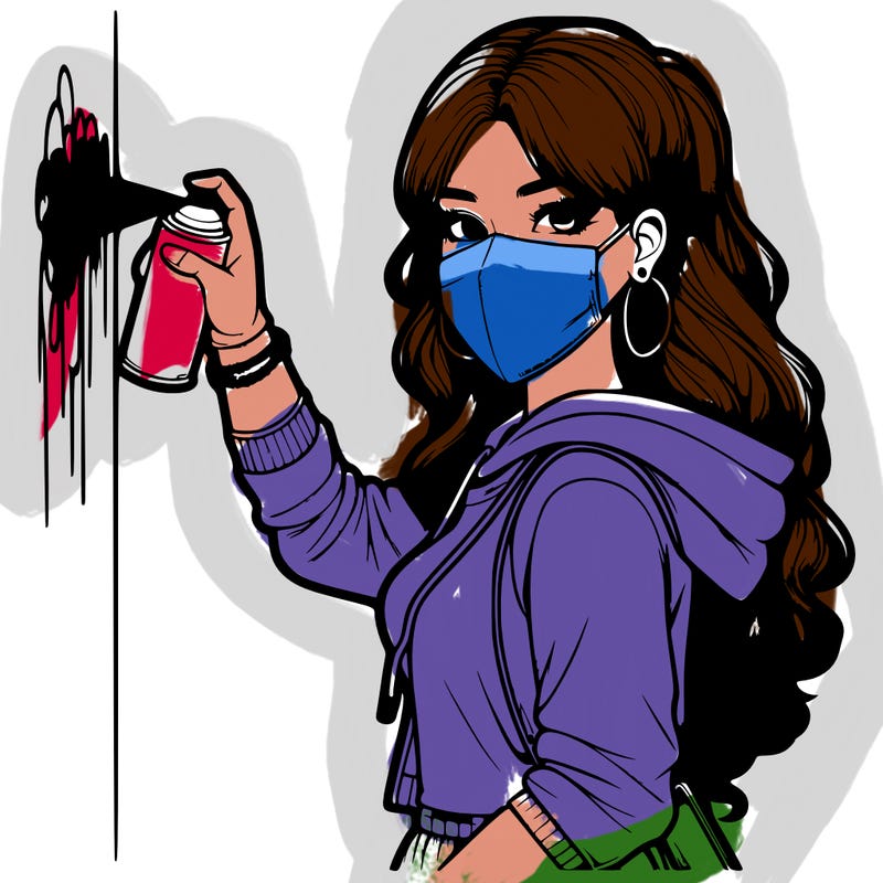 realistic girl with mask spray painting a wall